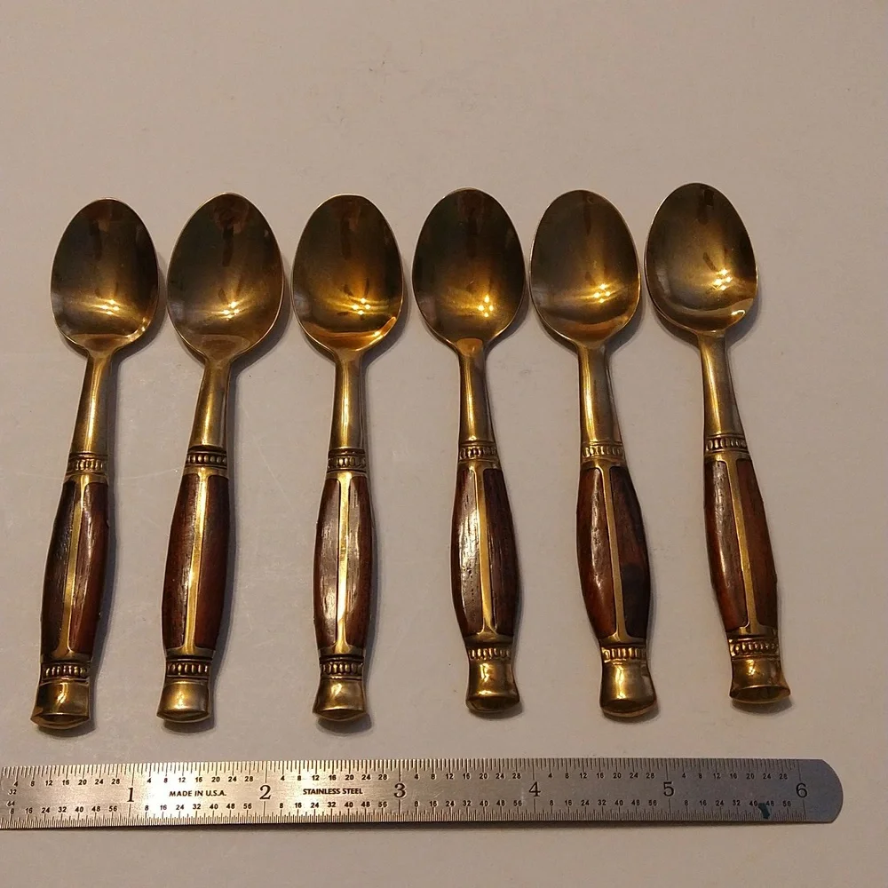 6 Vintage Brass and Rosewood Demitasse Spoons in Original Red Velvet case